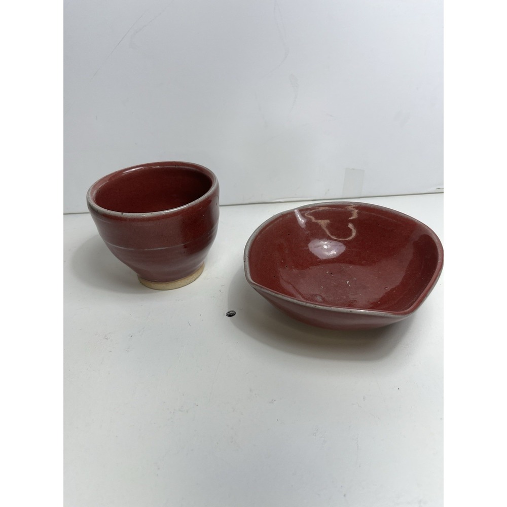 Japanese Studio Pottery Chawan Tea Cup & Bowl Set Red Glaze Signed M
